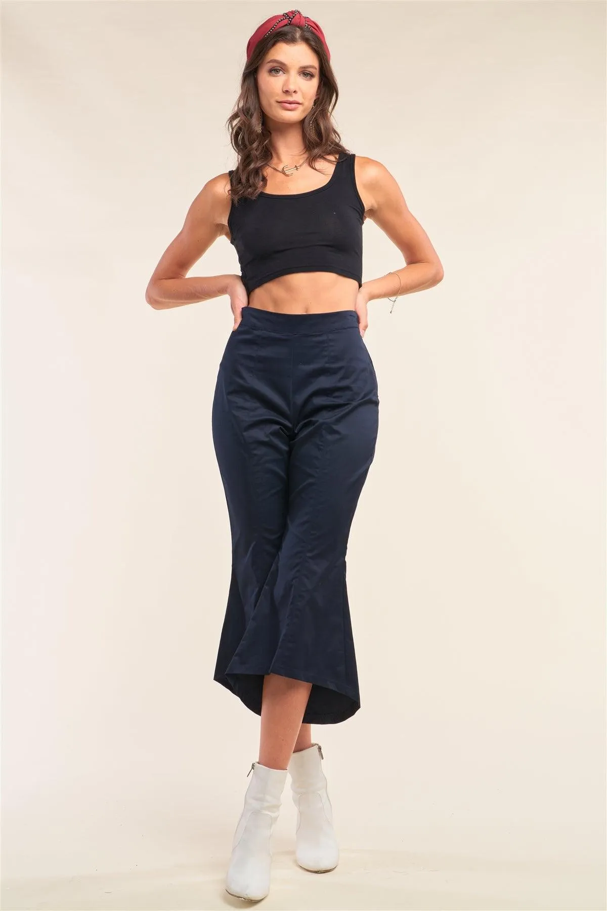 Navy Solid High Waisted Retro Flare Pants /2-2
