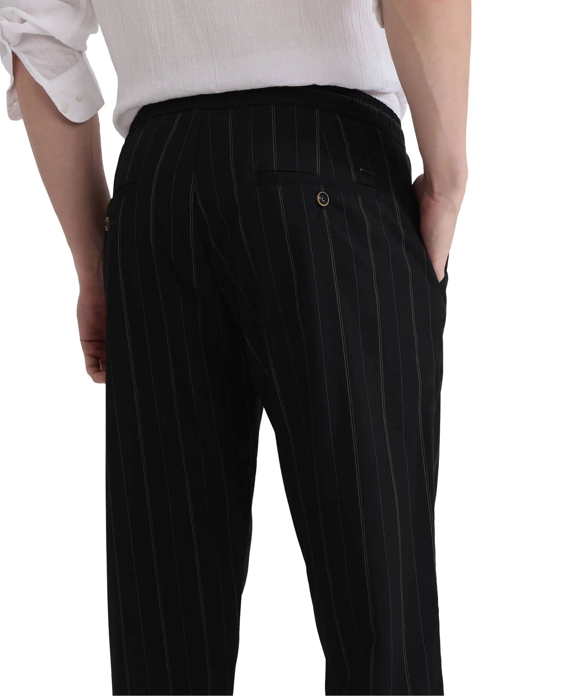 Rare Rabbit Men Evita Black Cotton Blend Fabric Drawstring & Button Closure Regular Fit Striped Trouser