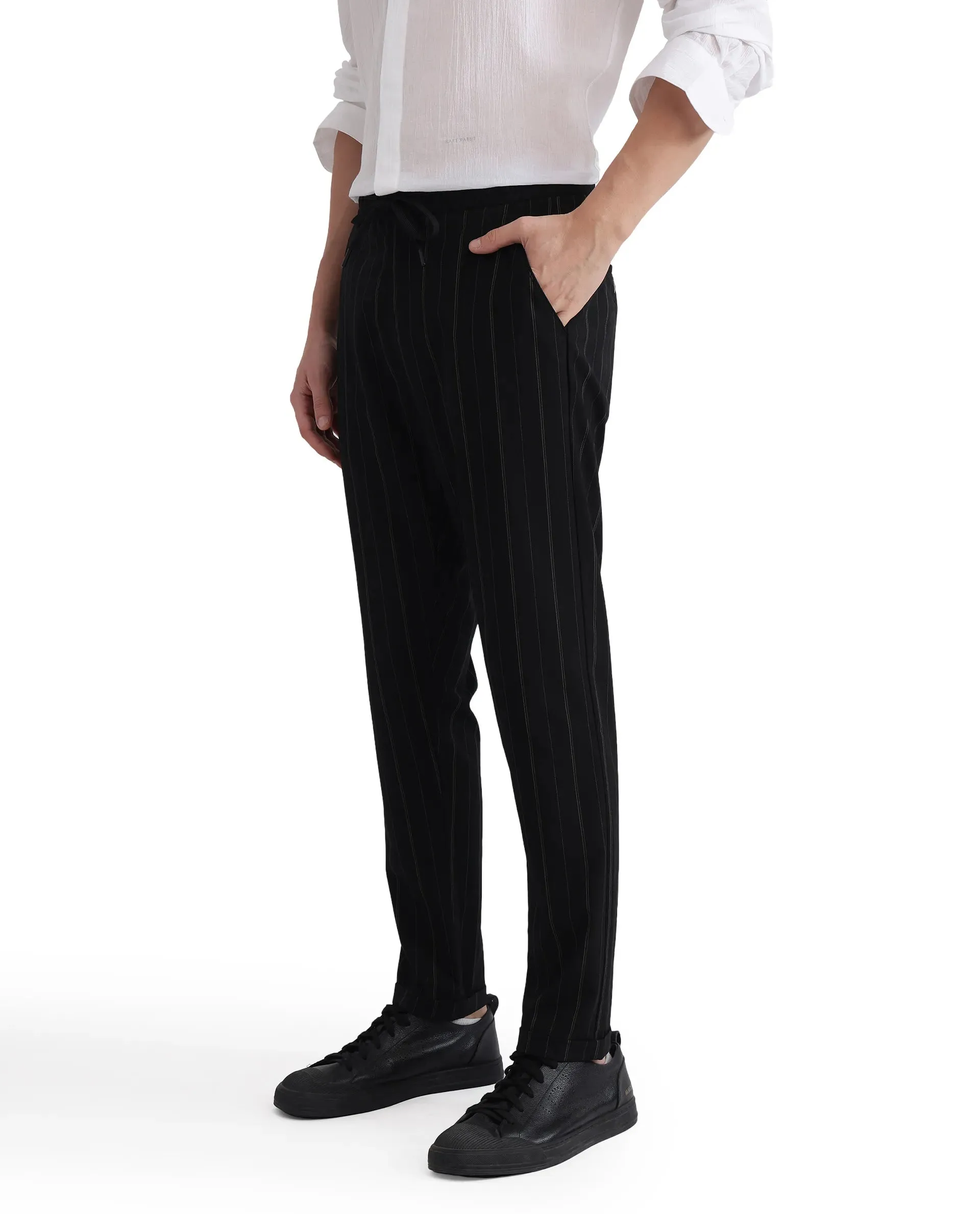 Rare Rabbit Men Evita Black Cotton Blend Fabric Drawstring & Button Closure Regular Fit Striped Trouser