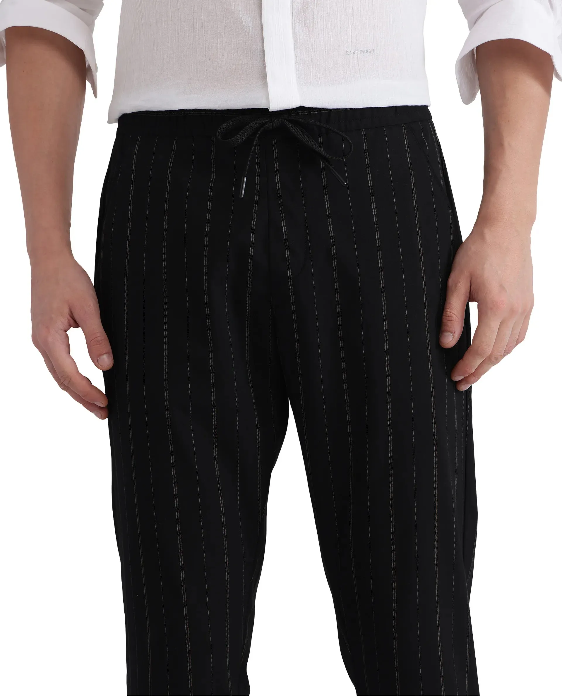 Rare Rabbit Men Evita Black Cotton Blend Fabric Drawstring & Button Closure Regular Fit Striped Trouser