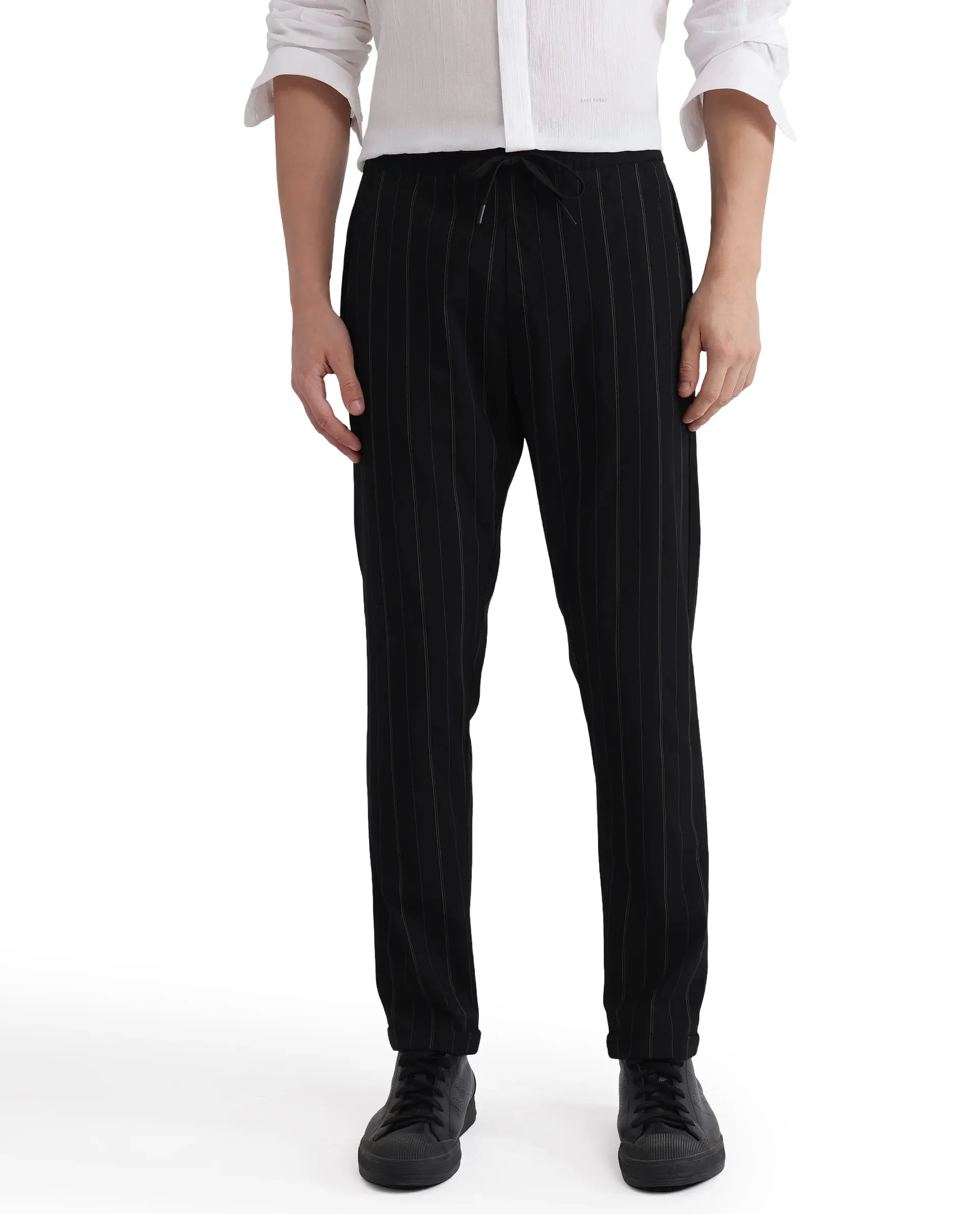 Rare Rabbit Men Evita Black Cotton Blend Fabric Drawstring & Button Closure Regular Fit Striped Trouser
