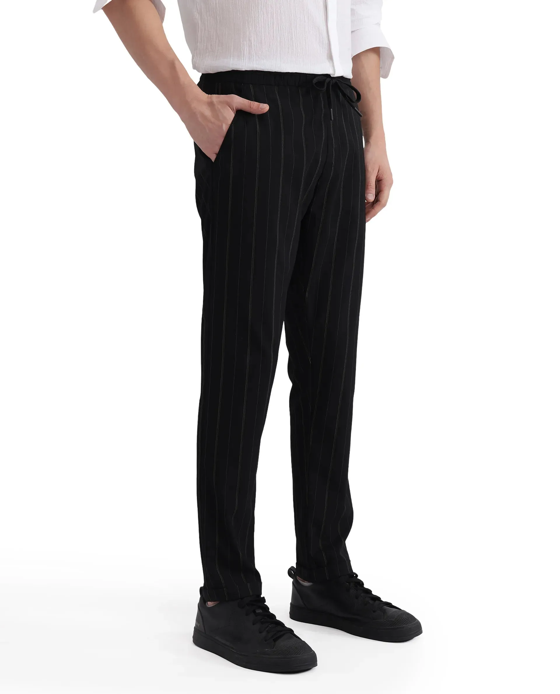 Rare Rabbit Men Evita Black Cotton Blend Fabric Drawstring & Button Closure Regular Fit Striped Trouser