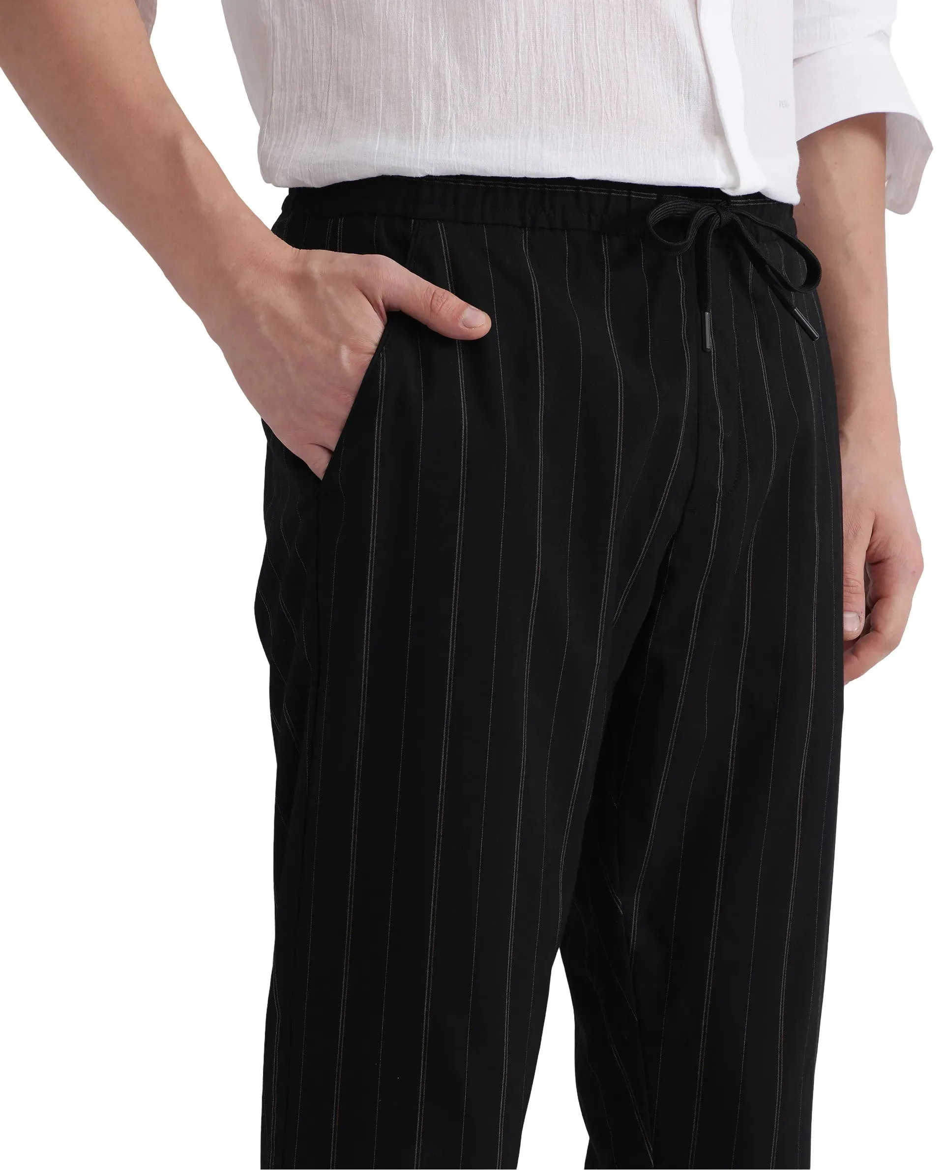 Rare Rabbit Men Evita Black Cotton Blend Fabric Drawstring & Button Closure Regular Fit Striped Trouser