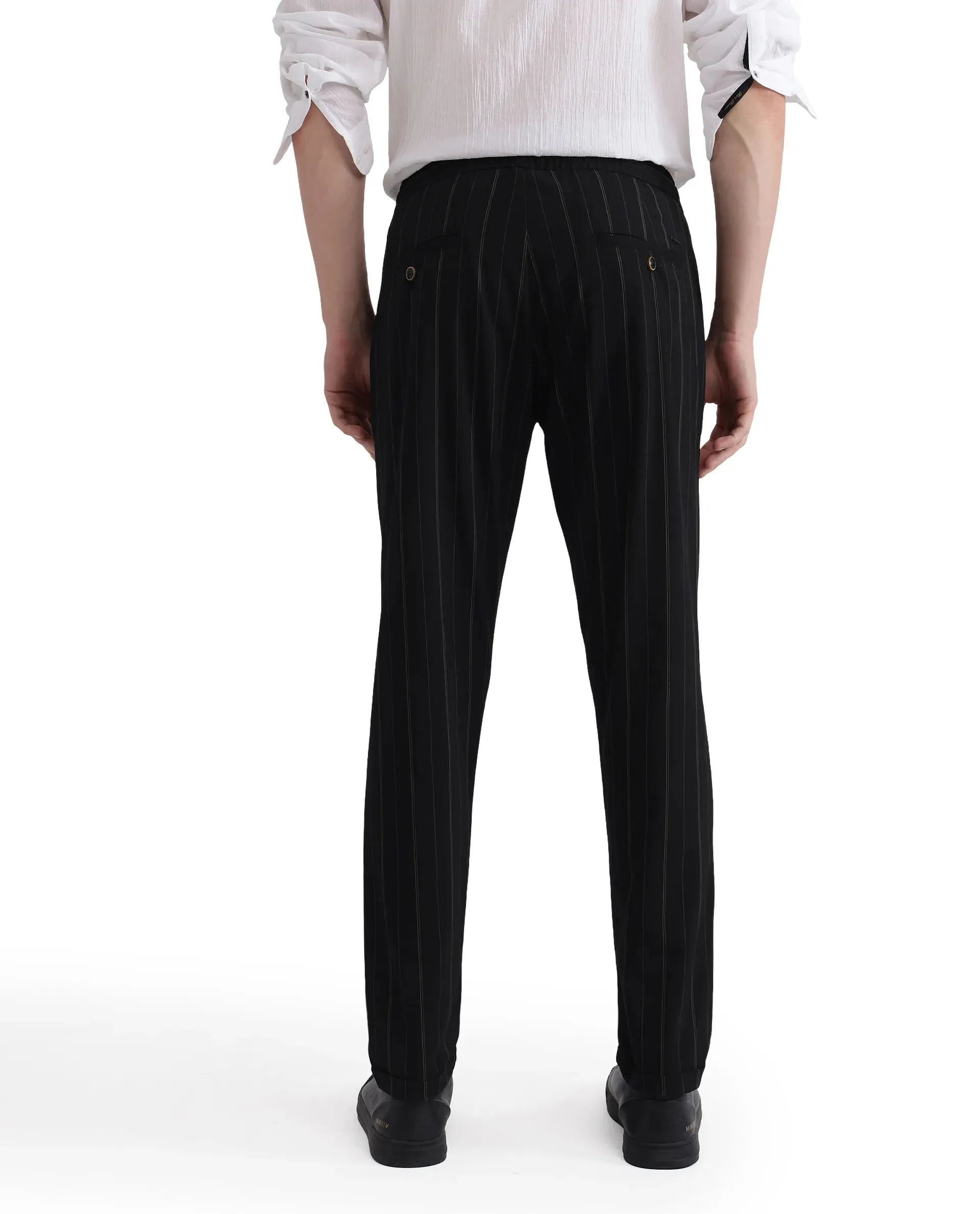 Rare Rabbit Men Evita Black Cotton Blend Fabric Drawstring & Button Closure Regular Fit Striped Trouser