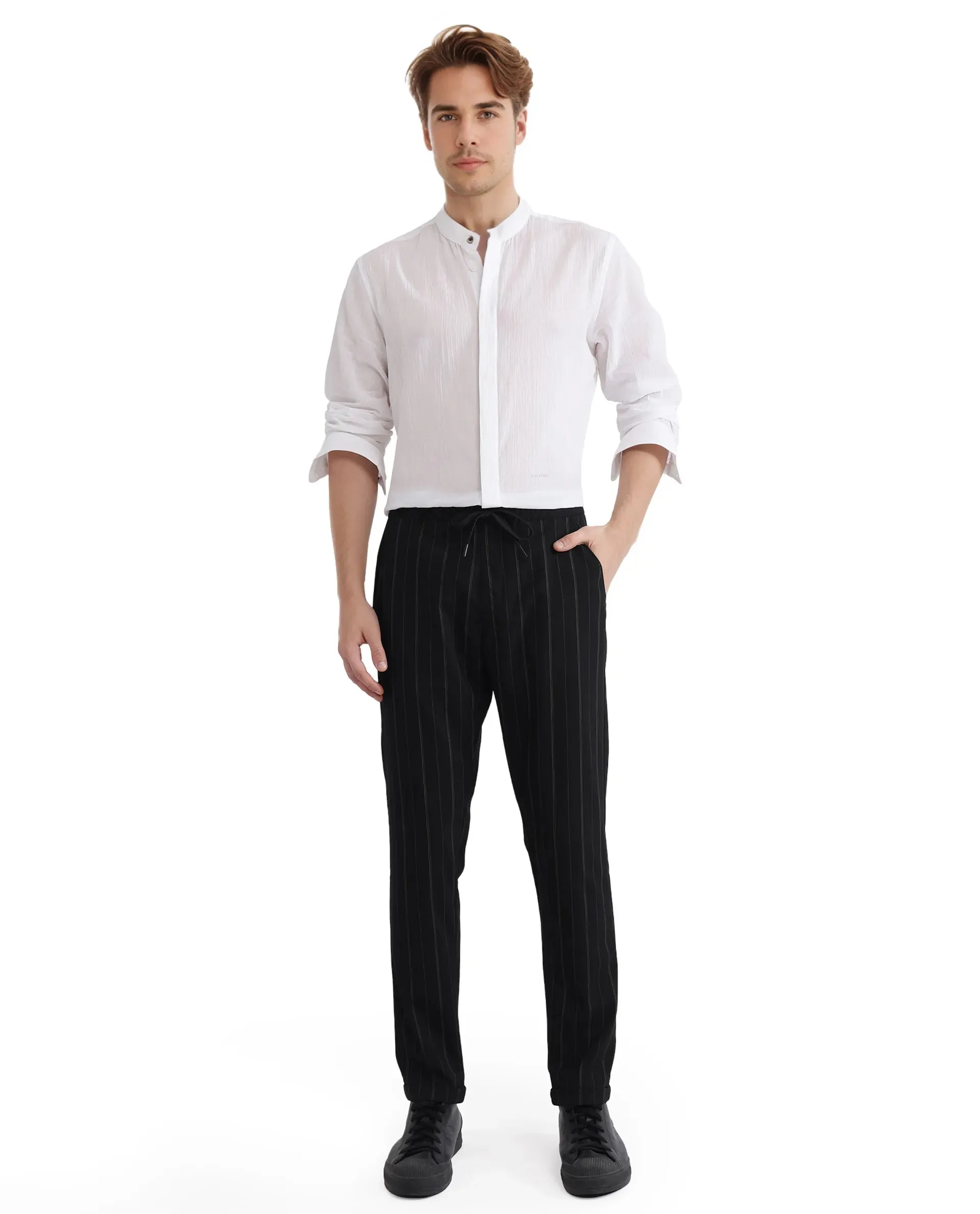 Rare Rabbit Men Evita Black Cotton Blend Fabric Drawstring & Button Closure Regular Fit Striped Trouser