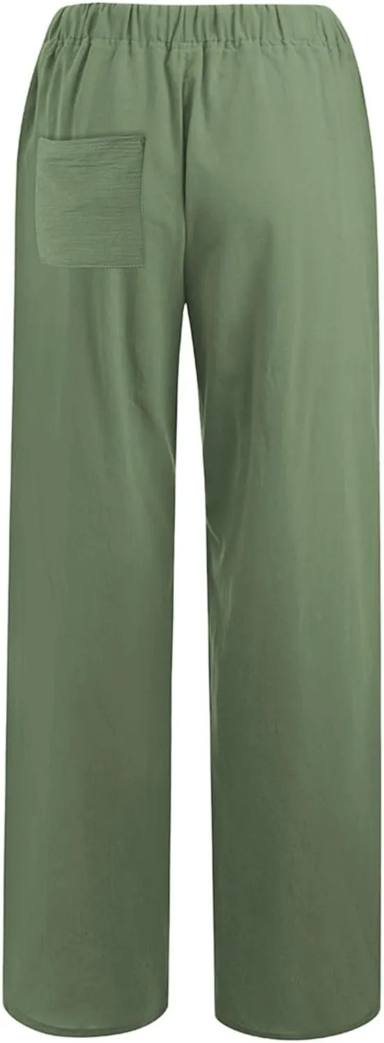 sdbrld Womens Cotton Linen Pants Casual Wide Leg Elastic Waisted Drawsting Trousers Summer Loose Comfy Pants with Pocket