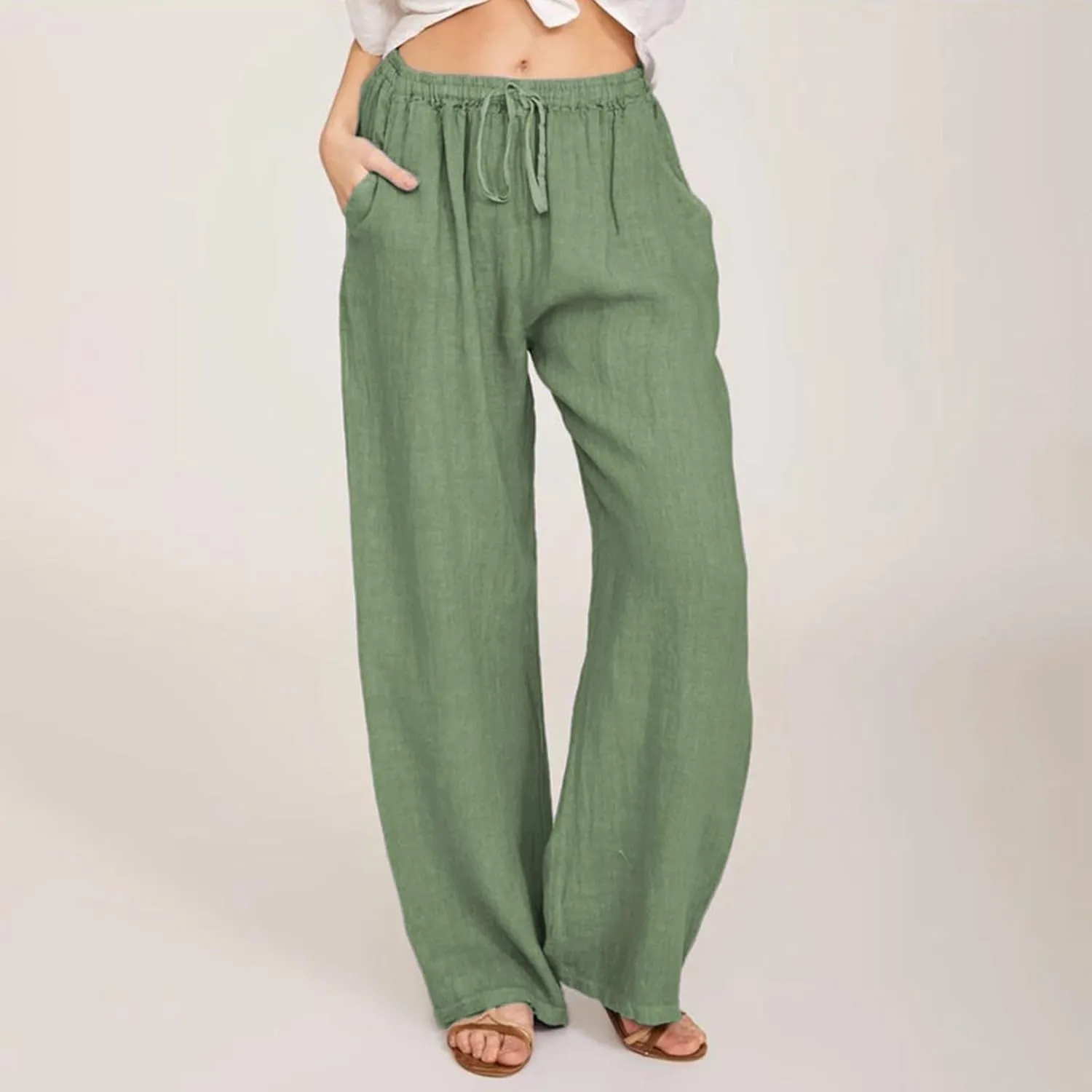 sdbrld Womens Cotton Linen Pants Casual Wide Leg Elastic Waisted Drawsting Trousers Summer Loose Comfy Pants with Pocket