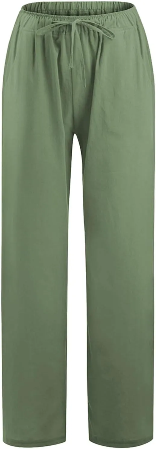sdbrld Womens Cotton Linen Pants Casual Wide Leg Elastic Waisted Drawsting Trousers Summer Loose Comfy Pants with Pocket