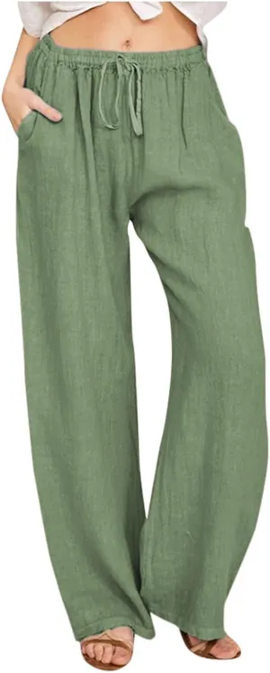 sdbrld Womens Cotton Linen Pants Casual Wide Leg Elastic Waisted Drawsting Trousers Summer Loose Comfy Pants with Pocket