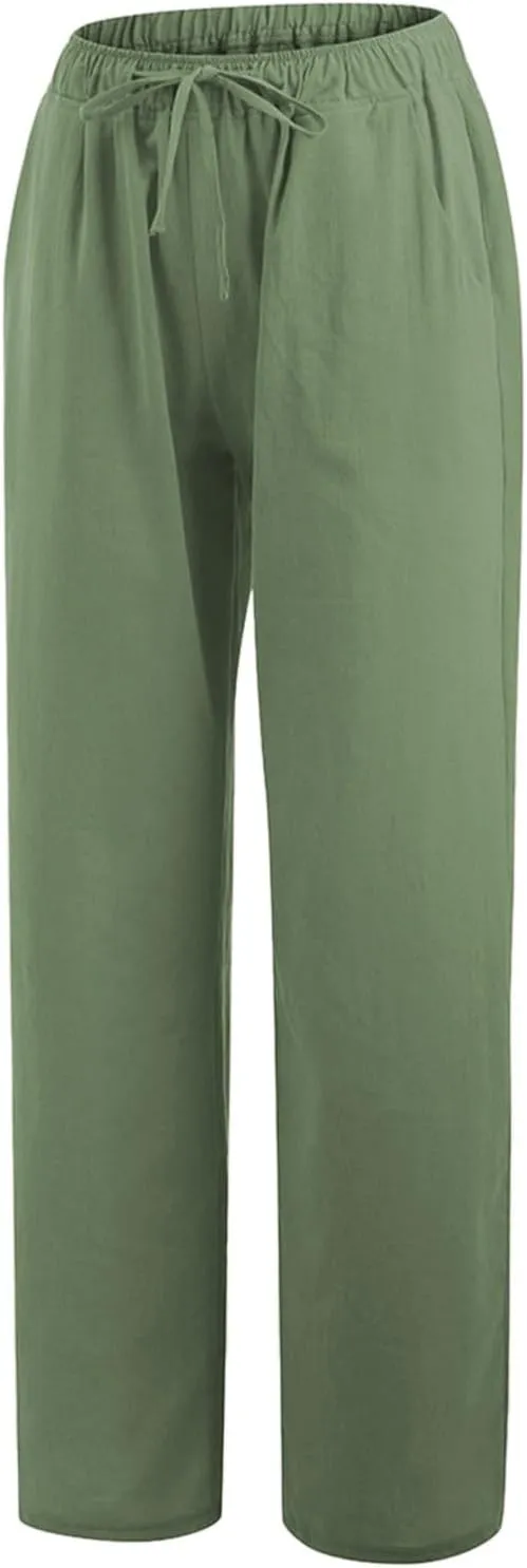 sdbrld Womens Cotton Linen Pants Casual Wide Leg Elastic Waisted Drawsting Trousers Summer Loose Comfy Pants with Pocket