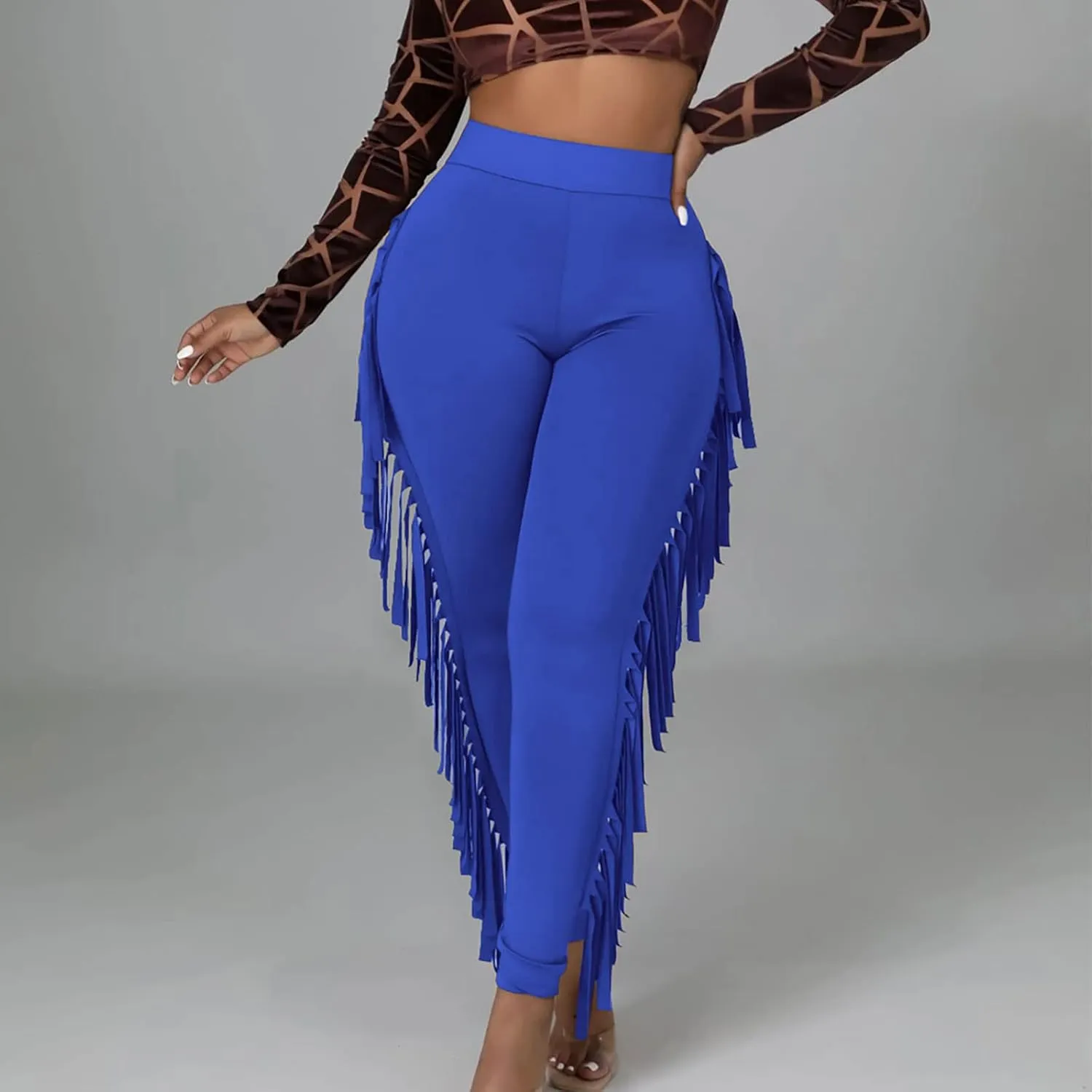 Sinzelimin Women's Sexy Tight Pants Fashion Solid Color Side Tassel High Waist Stretch Yoga Leggings Slim Full Length Trouser