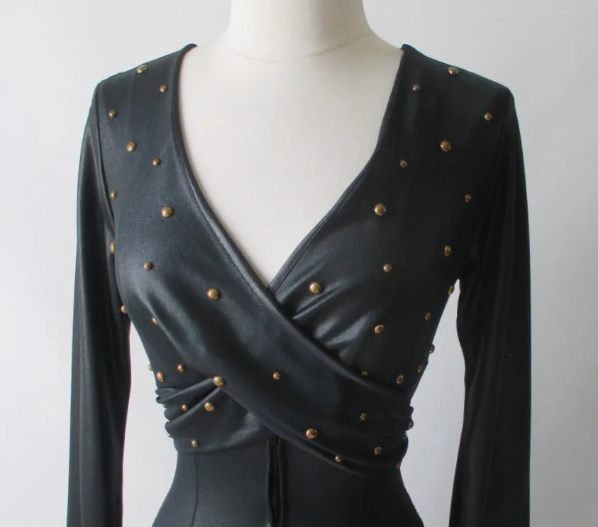 Vintage 70's Fredericks of Hollywood Liquid Satin Studded Jumpsuit Catsuit