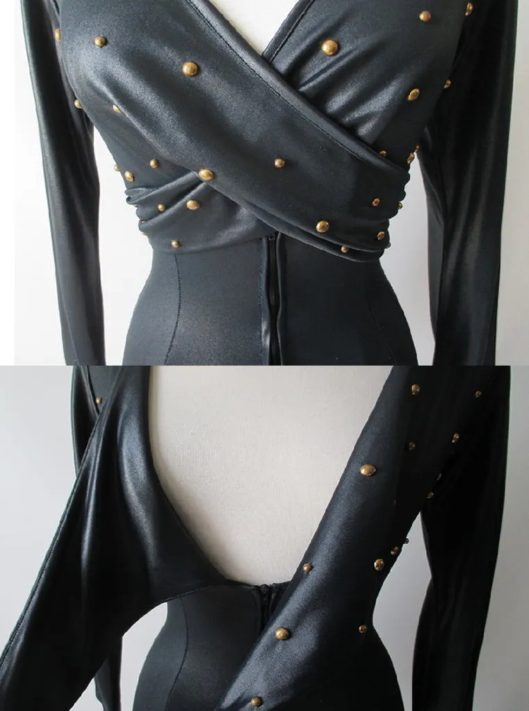 Vintage 70's Fredericks of Hollywood Liquid Satin Studded Jumpsuit Catsuit