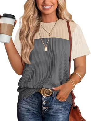 WIHOLL Womens Fashion 2025 Color Block Shirts Short Sleeve Crewneck Knitted Spring Summer Tops Casual Trendy