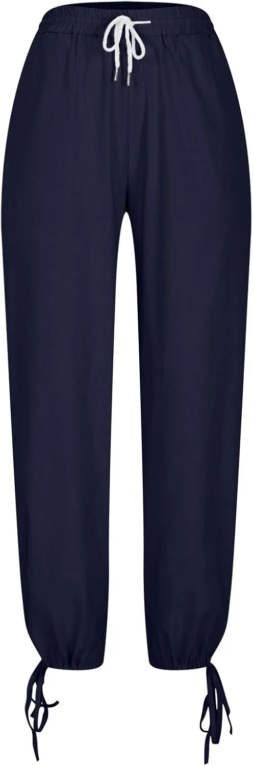 Women Cotton Linen Drawstring Joggers, Summer Outdoor Running Workout Casual Pants Comfy Breathable Pockets Trousers