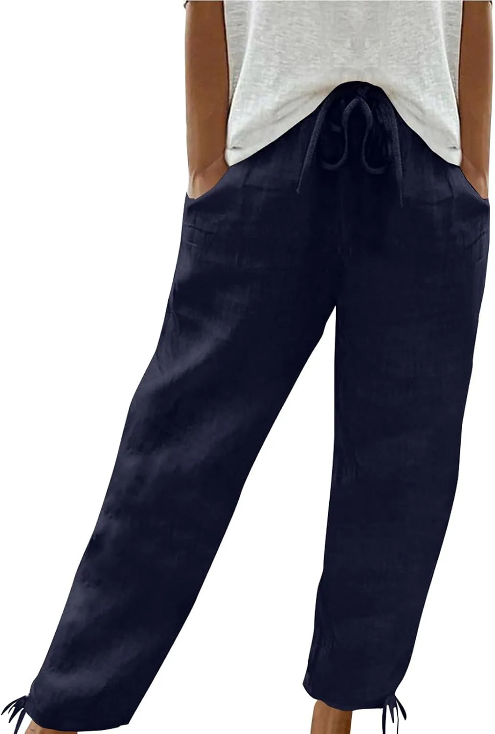 Women Cotton Linen Drawstring Joggers, Summer Outdoor Running Workout Casual Pants Comfy Breathable Pockets Trousers