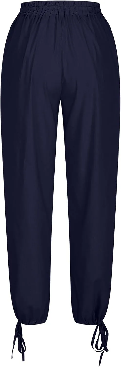 Women Cotton Linen Drawstring Joggers, Summer Outdoor Running Workout Casual Pants Comfy Breathable Pockets Trousers