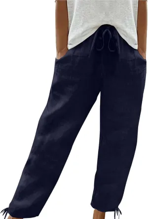 Women Cotton Linen Drawstring Joggers, Summer Outdoor Running Workout Casual Pants Comfy Breathable Pockets Trousers