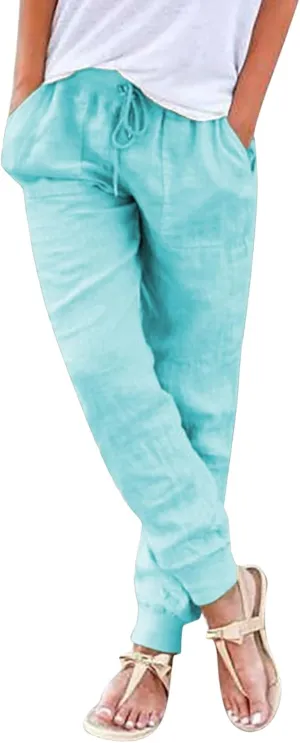 Womens Tapered Pants, Casual Linen Pants Women Drawstring Back Elastic Waist Pants Business Casual Pants Teacher Trousers