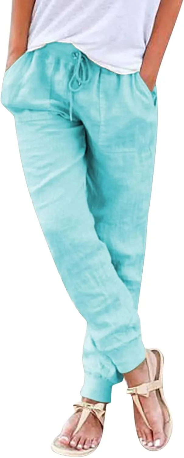 Womens Tapered Pants, Casual Linen Pants Women Drawstring Back Elastic Waist Pants Business Casual Pants Teacher Trousers