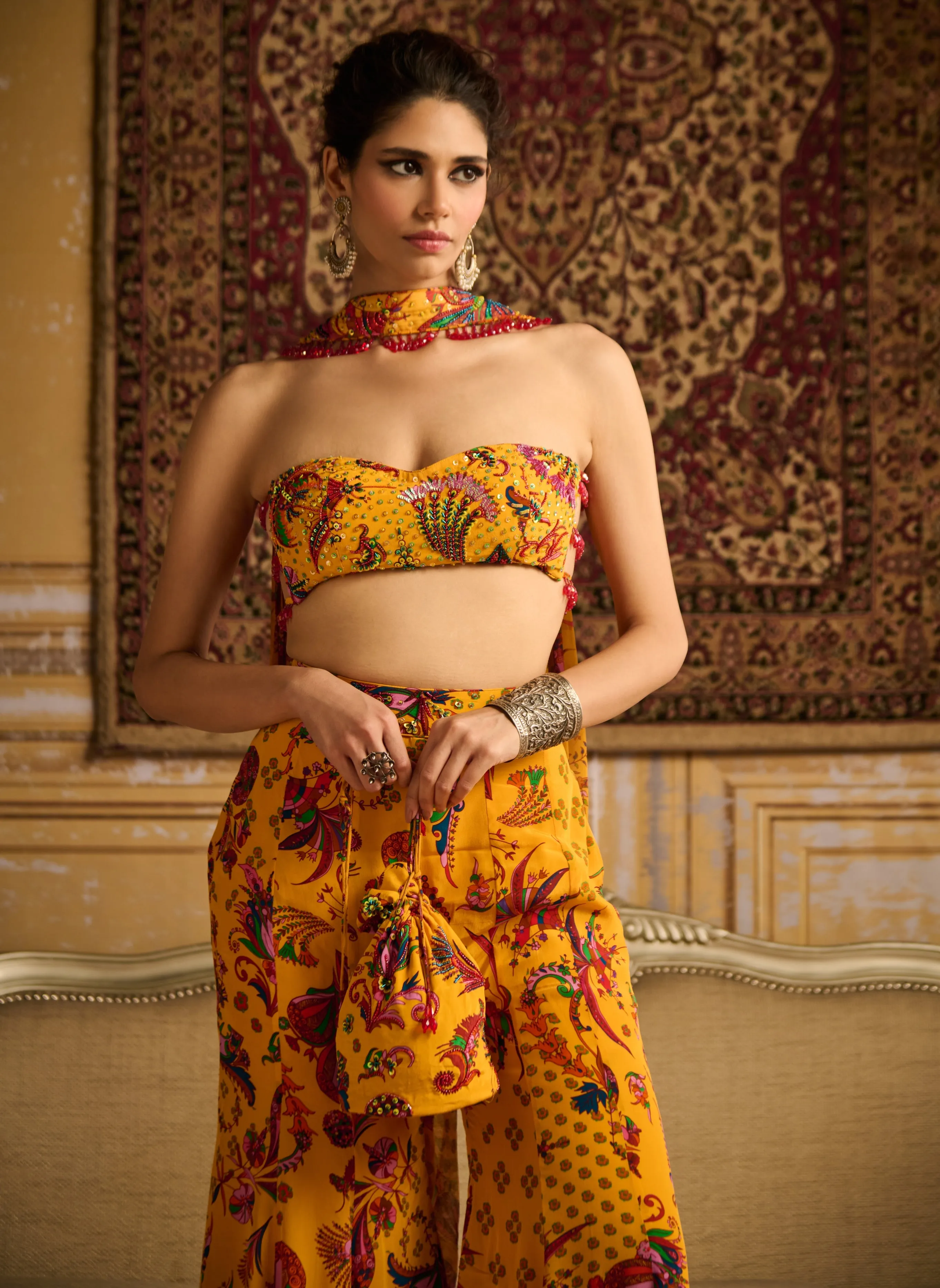 Yellow Highlighted Blouse And Sharara Set