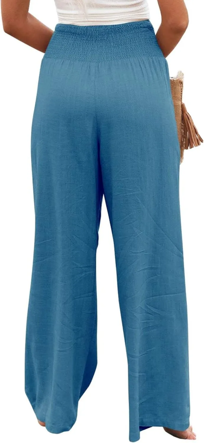 ZWRXW Women's Linen Pants Summer Flowy Palazzo Wide Leg Pants Beach High Waisted Trousers Boho Long Lounge Pants with Pockets