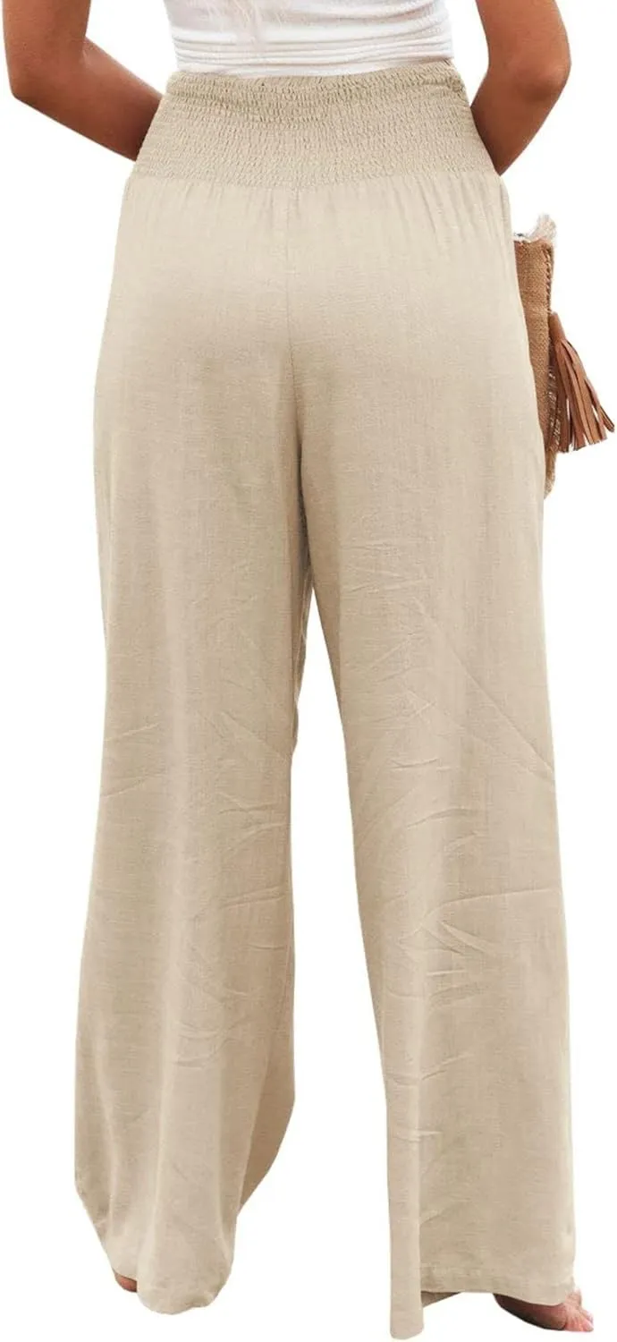 ZWRXW Women's Linen Pants Summer Flowy Palazzo Wide Leg Pants Beach High Waisted Trousers Boho Long Lounge Pants with Pockets